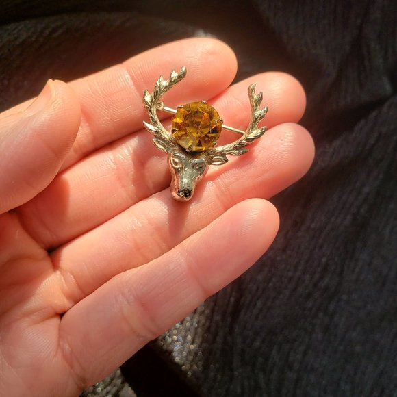 Vintage Sterling Silver Scottish Deer Stag With Orange Crystal Stone Bro… - Picture 6 of 8